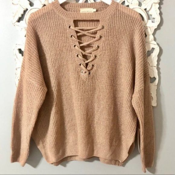 Dreamers Sweaters - Dreamers Lace Up Front Oversized Blush Sweater